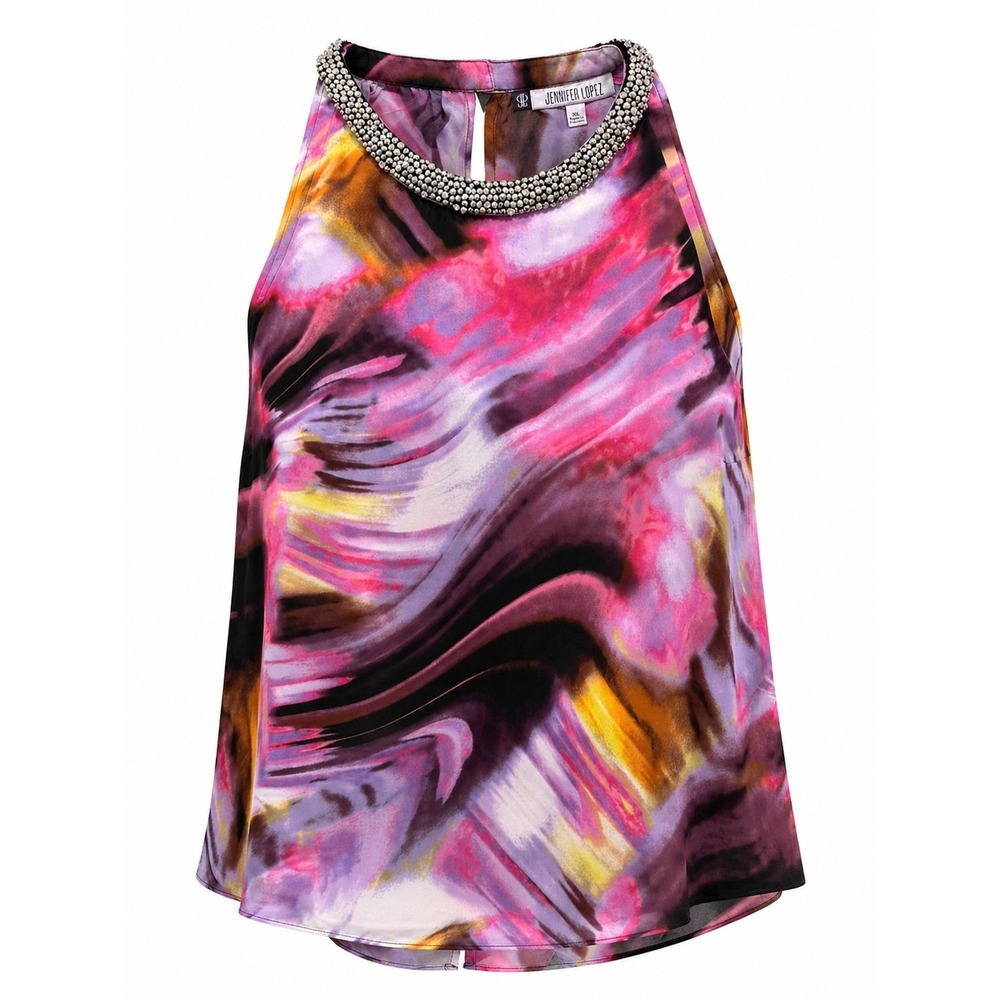 Jennifer Lopez Womens XL Pink Purple Abstract Watercolor Beaded Halter Blouse
